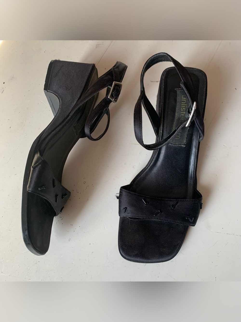 Vintage 90s Black Satin Square Toe Heels Sandals